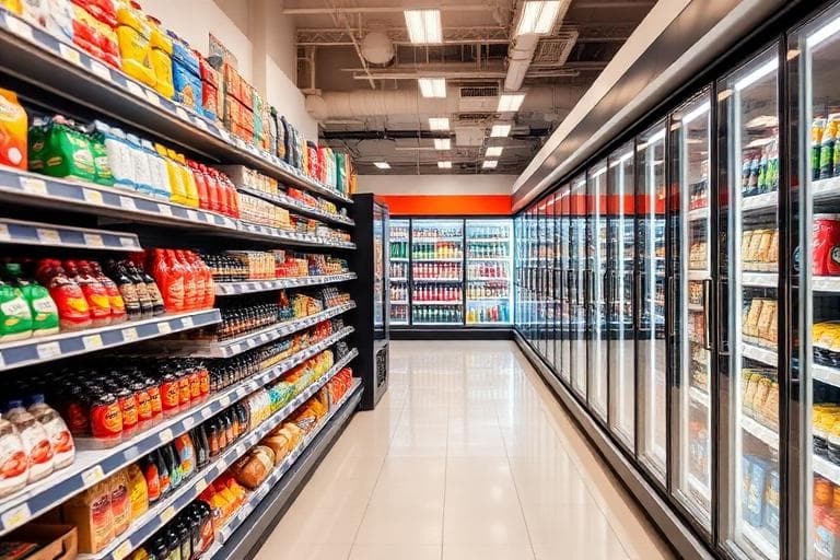 Bright grocery store aisle with stocked shelves and chilled cabinets