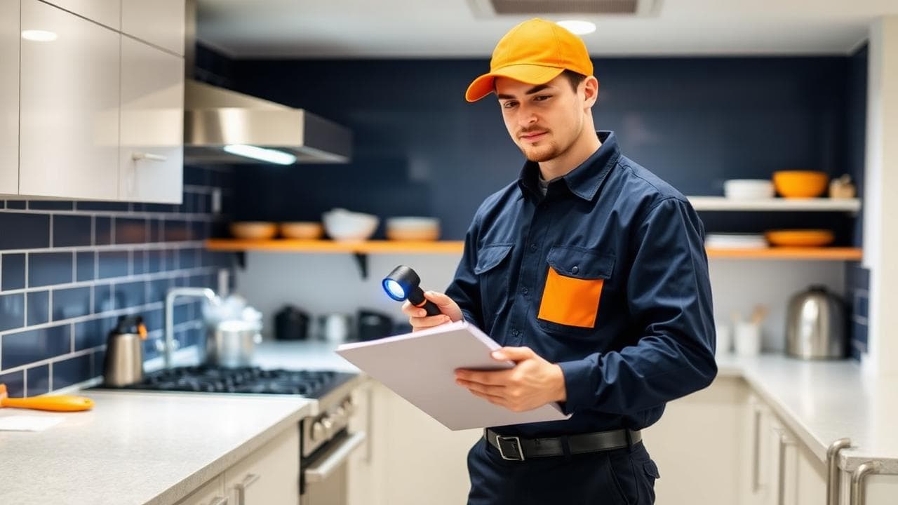 Pest Stop technician carrying out a commercial pest control inspection in a business kitchen