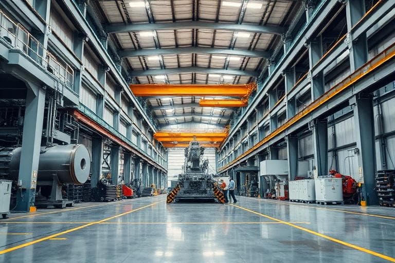 Industrial factory floor with heavy machinery and steel roof structure