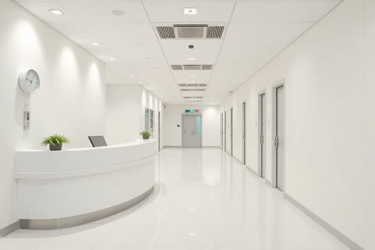 Clean white medical clinic reception and corridor with sterile surfaces