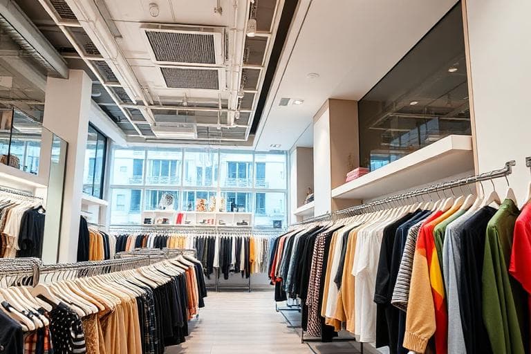 Modern retail clothing store interior with rails of stock and bright lighting