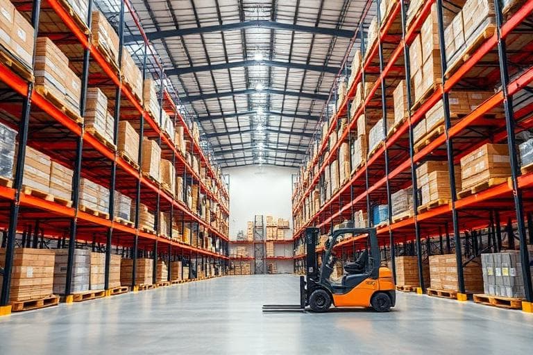 Large warehouse interior with tall pallet racking and a forklift