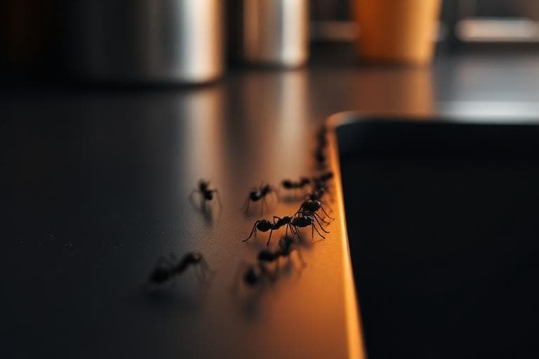 Ant trail along a kitchen worktop edge