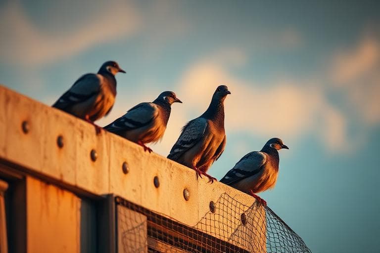Pigeons on a building ledge with bird proofing