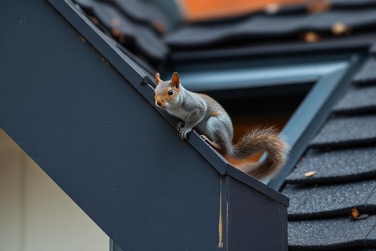 Grey squirrel on a roofline near a loft gap